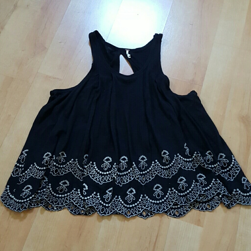 Free People Black beige embroidered Toosaloosa Slub Attina Tank